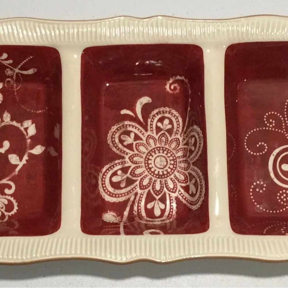 Pier 1 Red and Cream Ceramic Divided Tray with Floral Motif